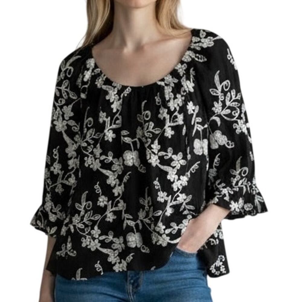 LIV Los Angeles Floral Embroidered Top Womens Large Black White Boho Peasant